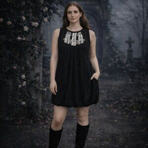 Bubble-Hem Chiffon & Ribbons Sleeveless Mini Dress with Pleated Design Size 10